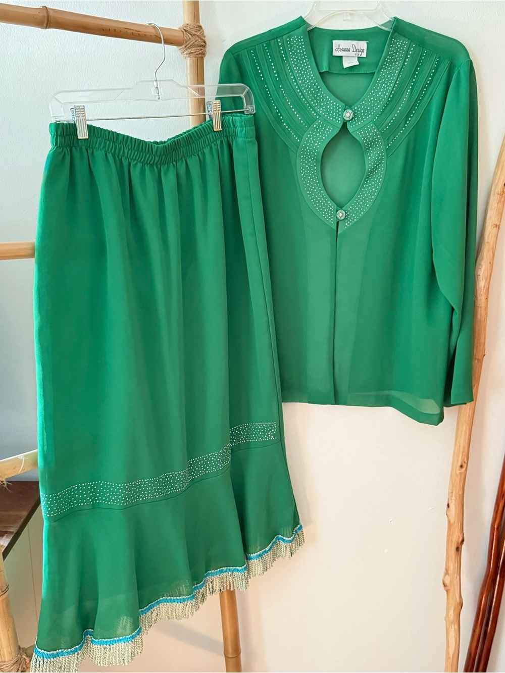 Vintage Green Keyhole Blouse and Skirt Suit Set, Israelite Fringe Garment, 2XL